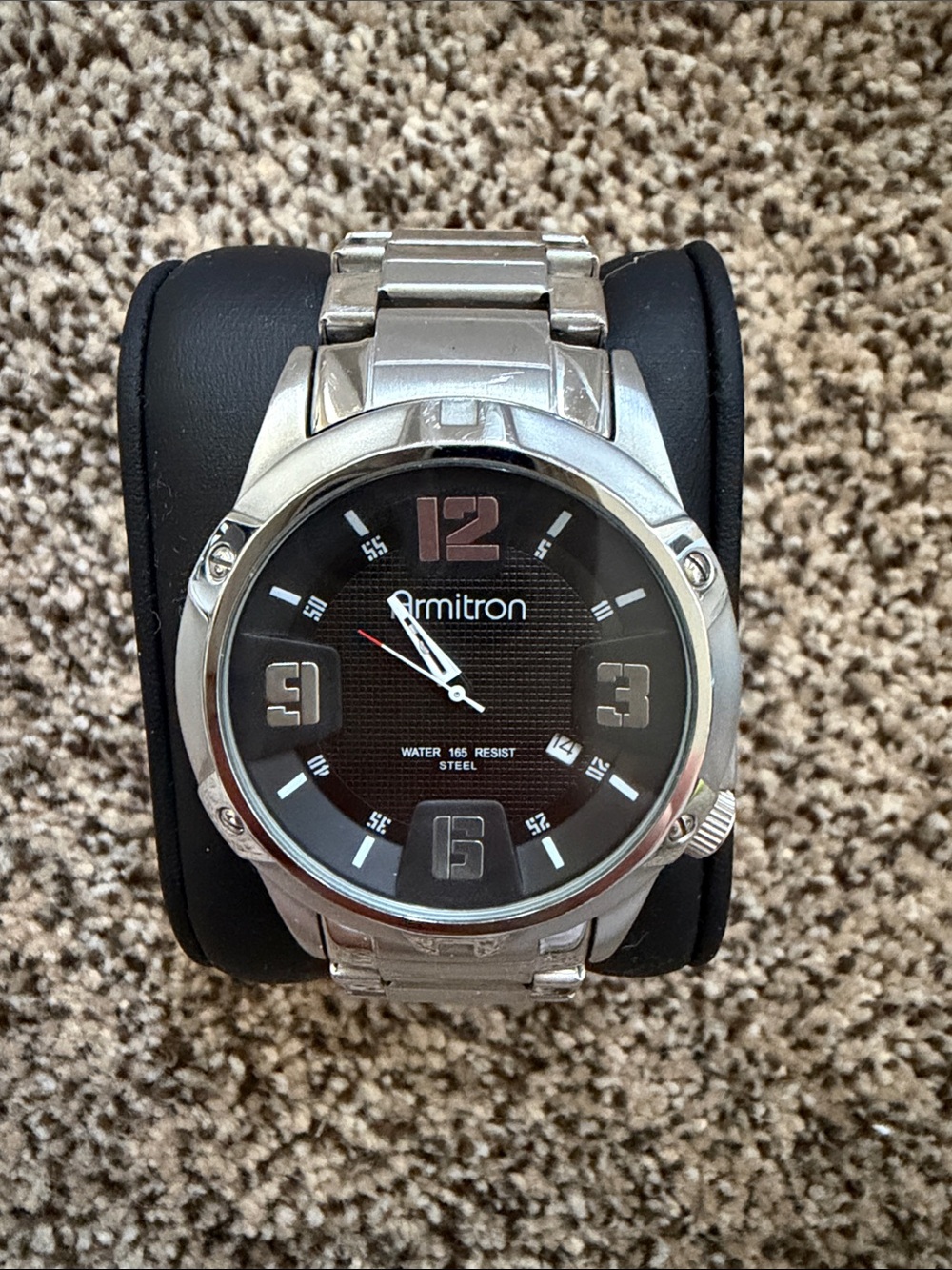Armitron Silver Stainless Steel Watch Black Dial and Red Accent, Needs Battery